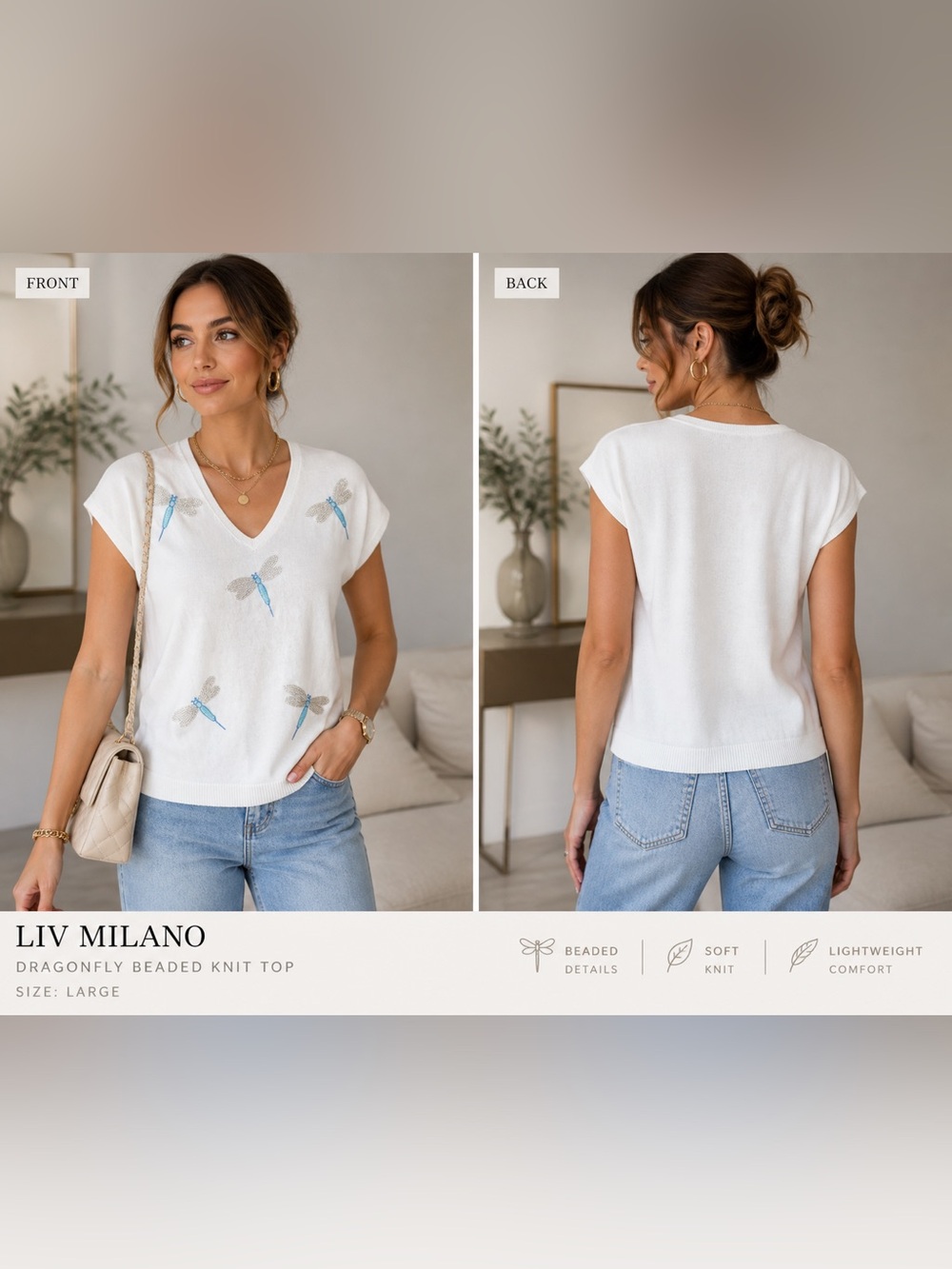 LIV Milano White Knit Top L Dragonfly Beaded V Neck Short Sleeve Cute